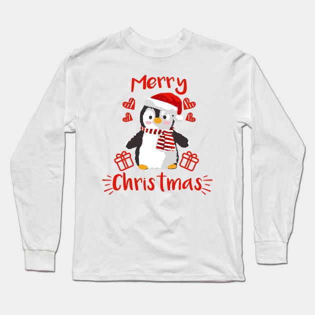 Merry Christmas Cute Baby Penguin Red and White Long Sleeve T-Shirt by dnlribeiro88